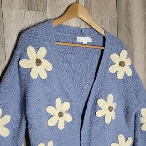 Threaded‎ Leaf Womens Medium Knit Cardigan Crocheted Flower Oversized Cropped